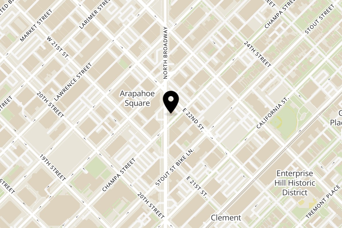 Map showing the location of Yazoo BBQ on 2150 N Broadway in Denver